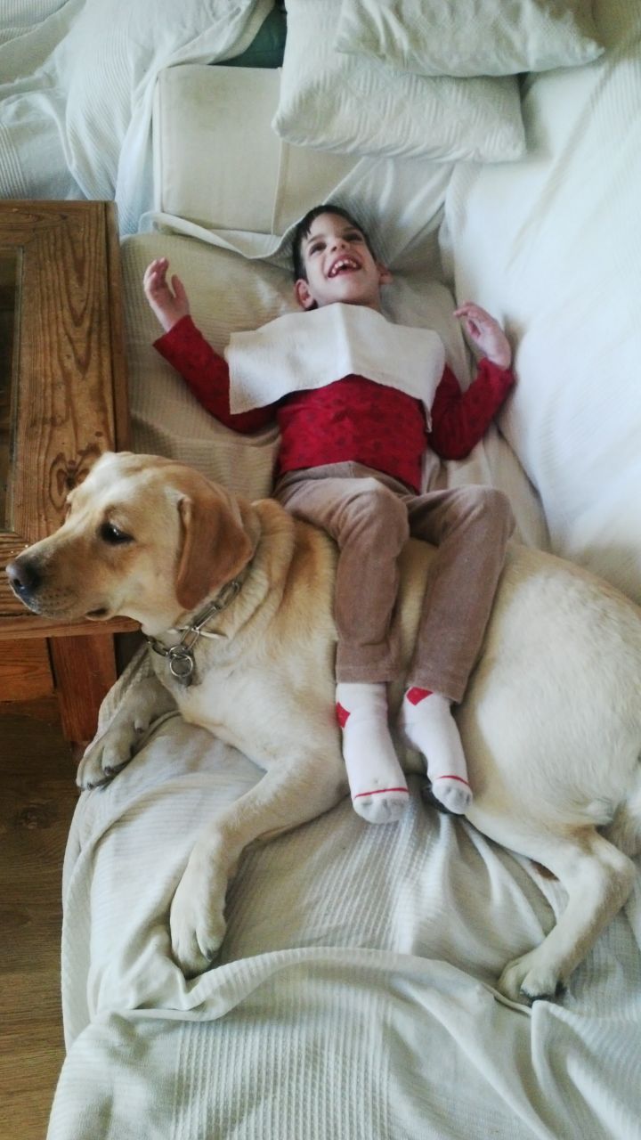 Niño descansando junto a su perro de asistencia